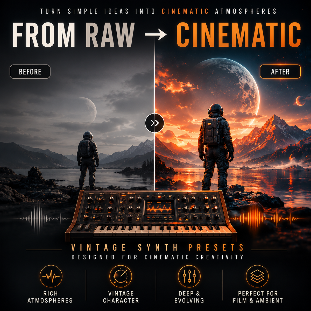 Promotional graphic for vintage synth presets showing a split-screen comparison labeled 'FROM RAW' to 'CINEMATIC,' with a before-and-after sci-fi landscape scene and a modular synth pictured at the bottom.