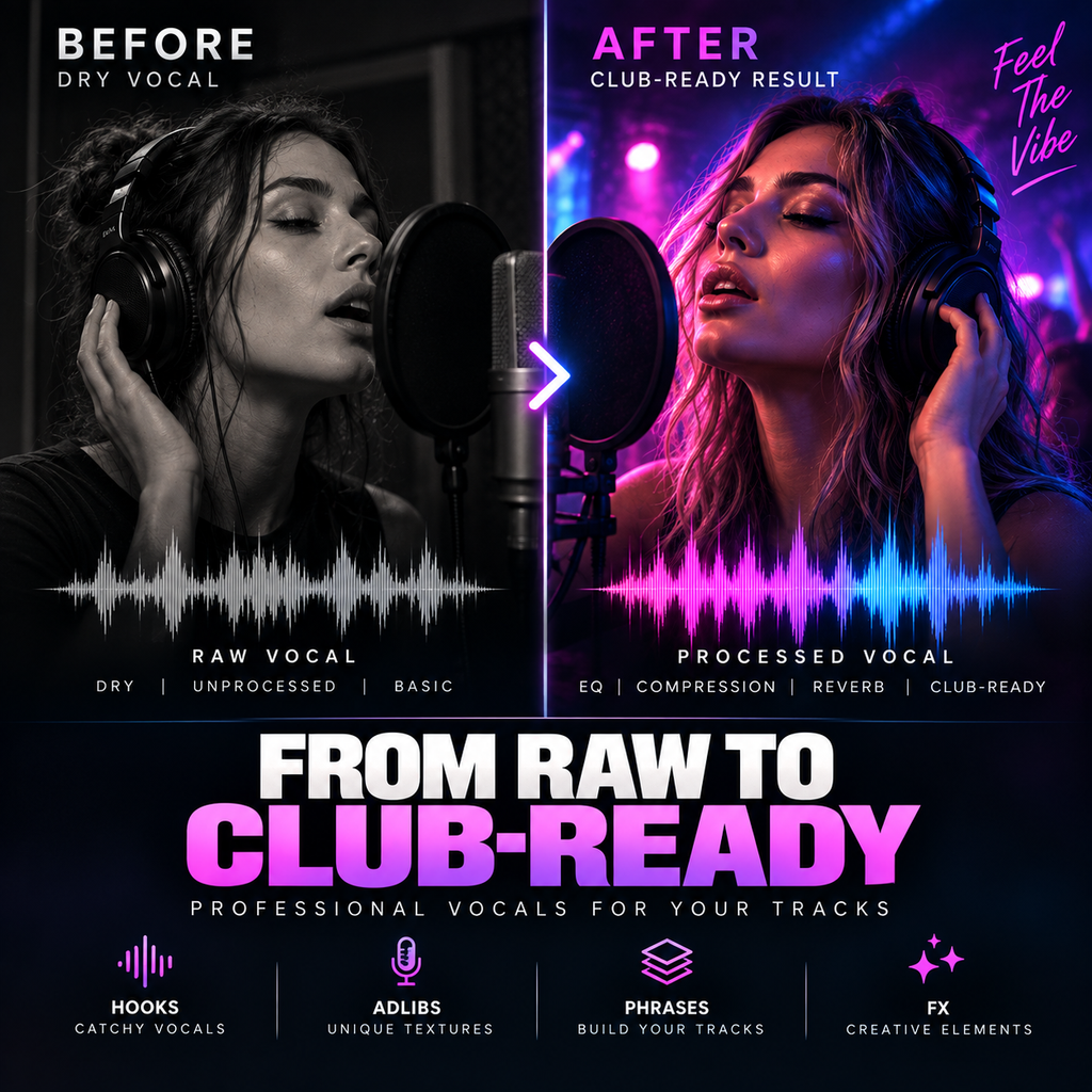 Promotional graphic for vocal editing software or presets, showing a before-and-after comparison of a woman singing into a microphone. The left side is labeled 'BEFORE' in grayscale and shows the raw vocal with a white audio waveform.