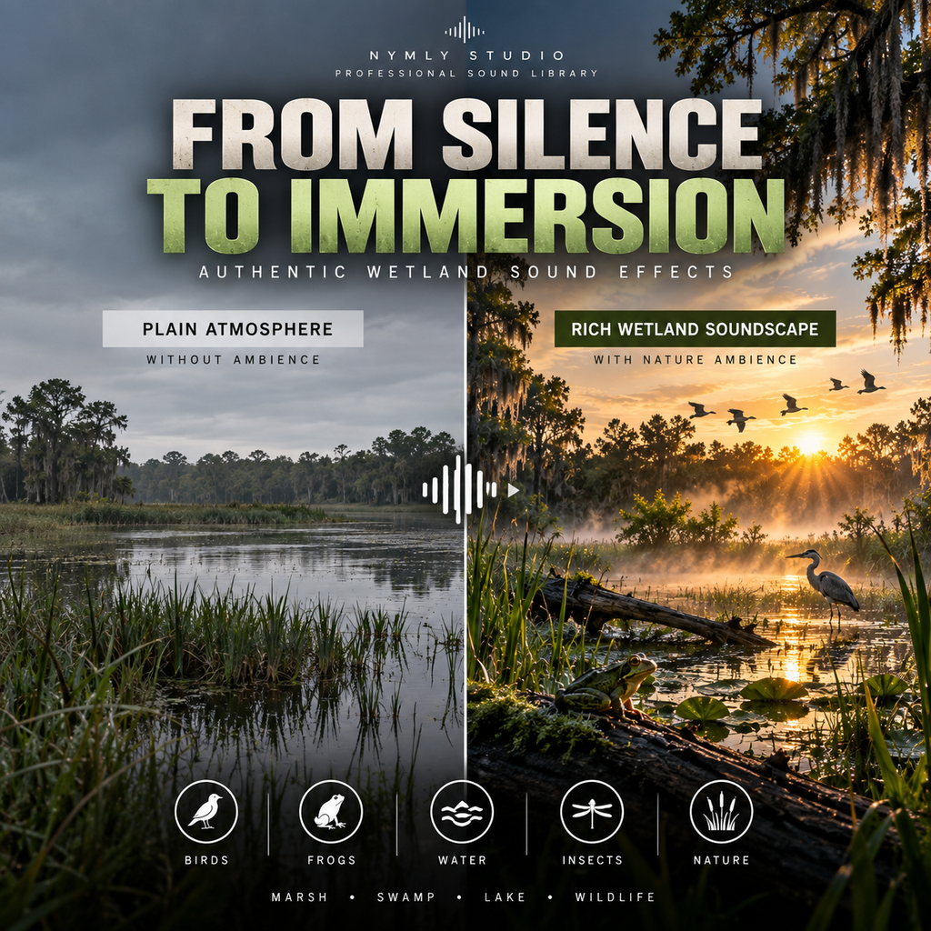 Promotional graphic for a wetland sound library titled 'FROM SILENCE TO IMMERSION' by NYMLY STUDIO. The image is split vertically down the middle: the left side shows a calm marsh scene under a cloudy sky labeled 'PLAIN ATMOSPHERE WITHOUT AMBIENCE,' and the right side shows a golden misty sunrise over a marsh labeled 'RICH WETLAND SOUNDSCAPE WITH NATURE AMBIENCE.
