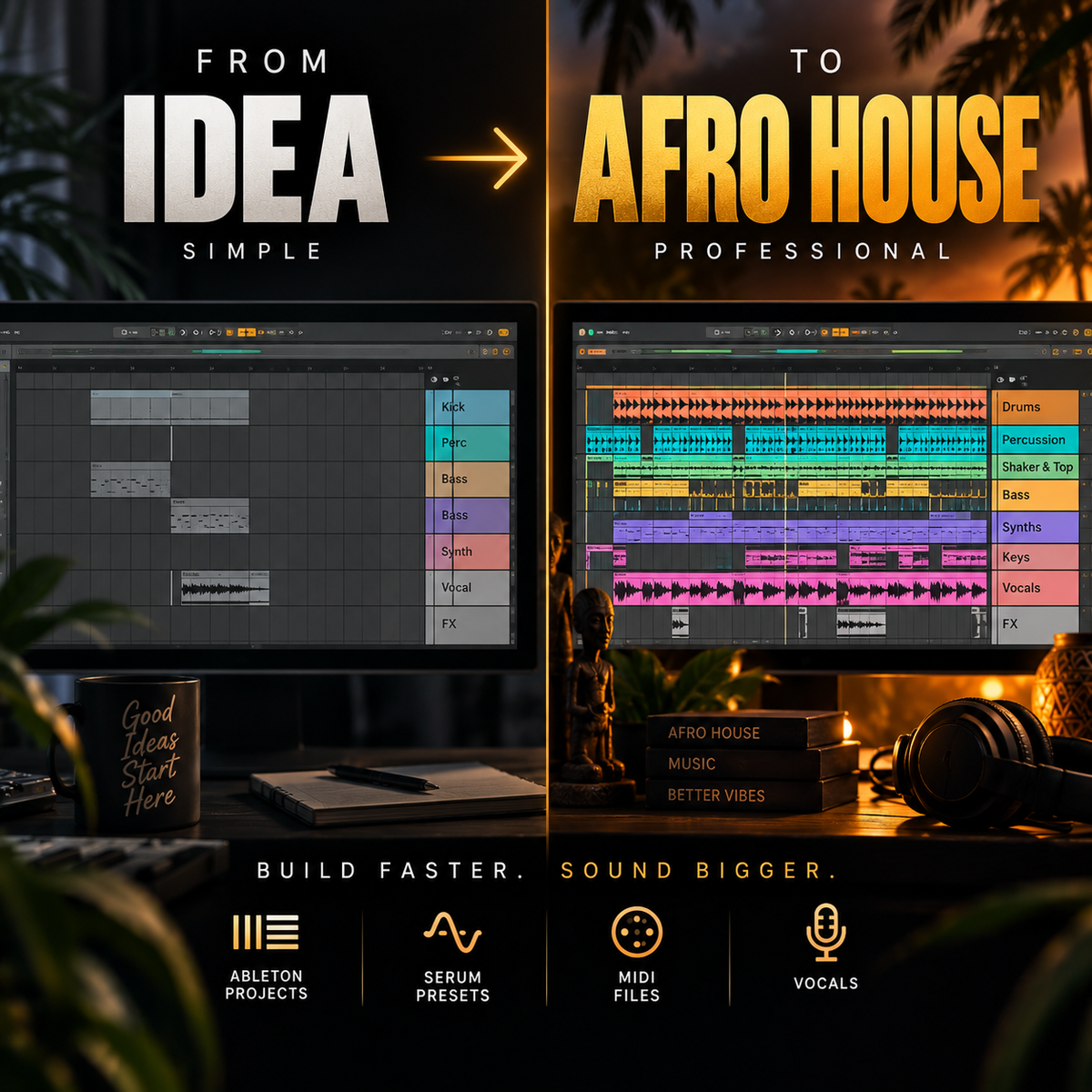 Afro House sample pack before-and-after showing a basic track transformed into a polished professional production.
