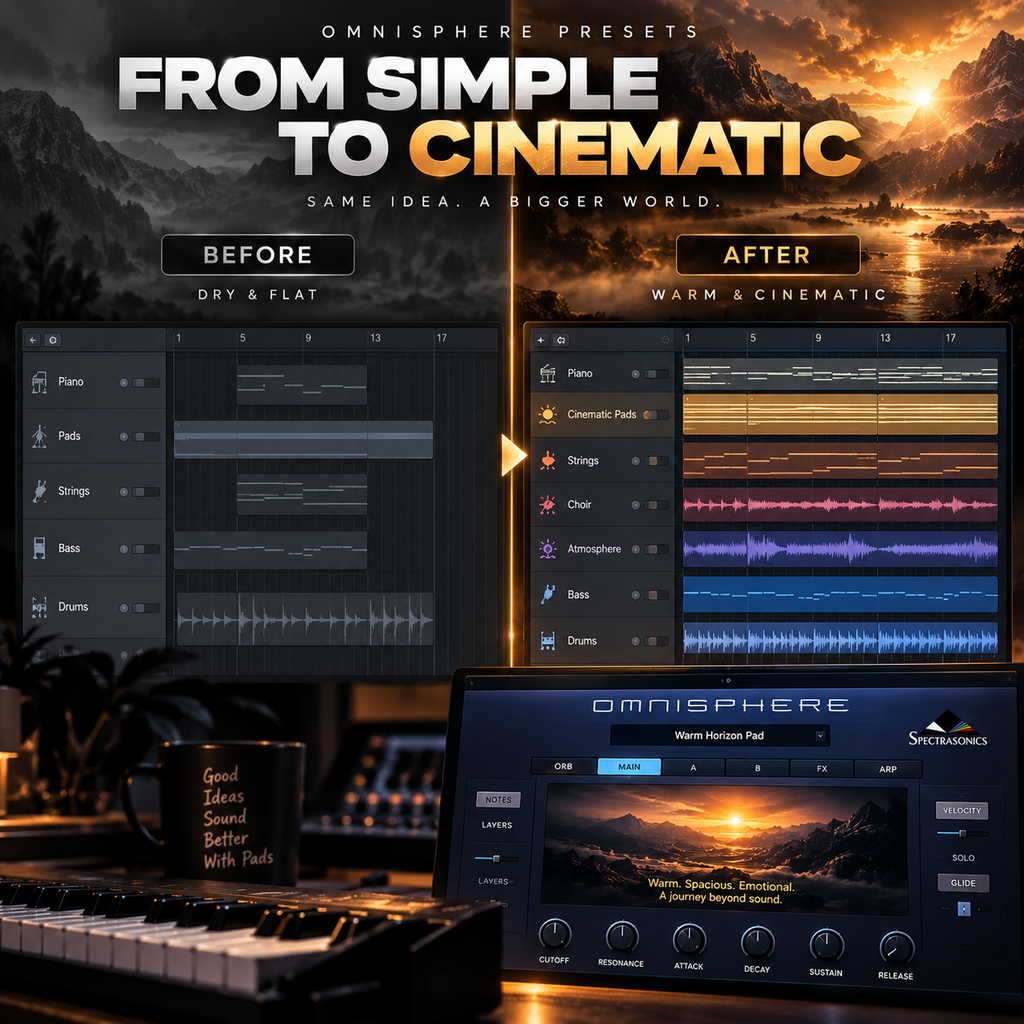 Promotional graphic for Omnisphere presets showing a before-and-after audio workstation comparison. The left 'Before' panel shows a dry and flat track arrangement, while the right 'After' panel shows a warm, cinematic version with colored instrument strips and a matching warm-toned landscape preset.