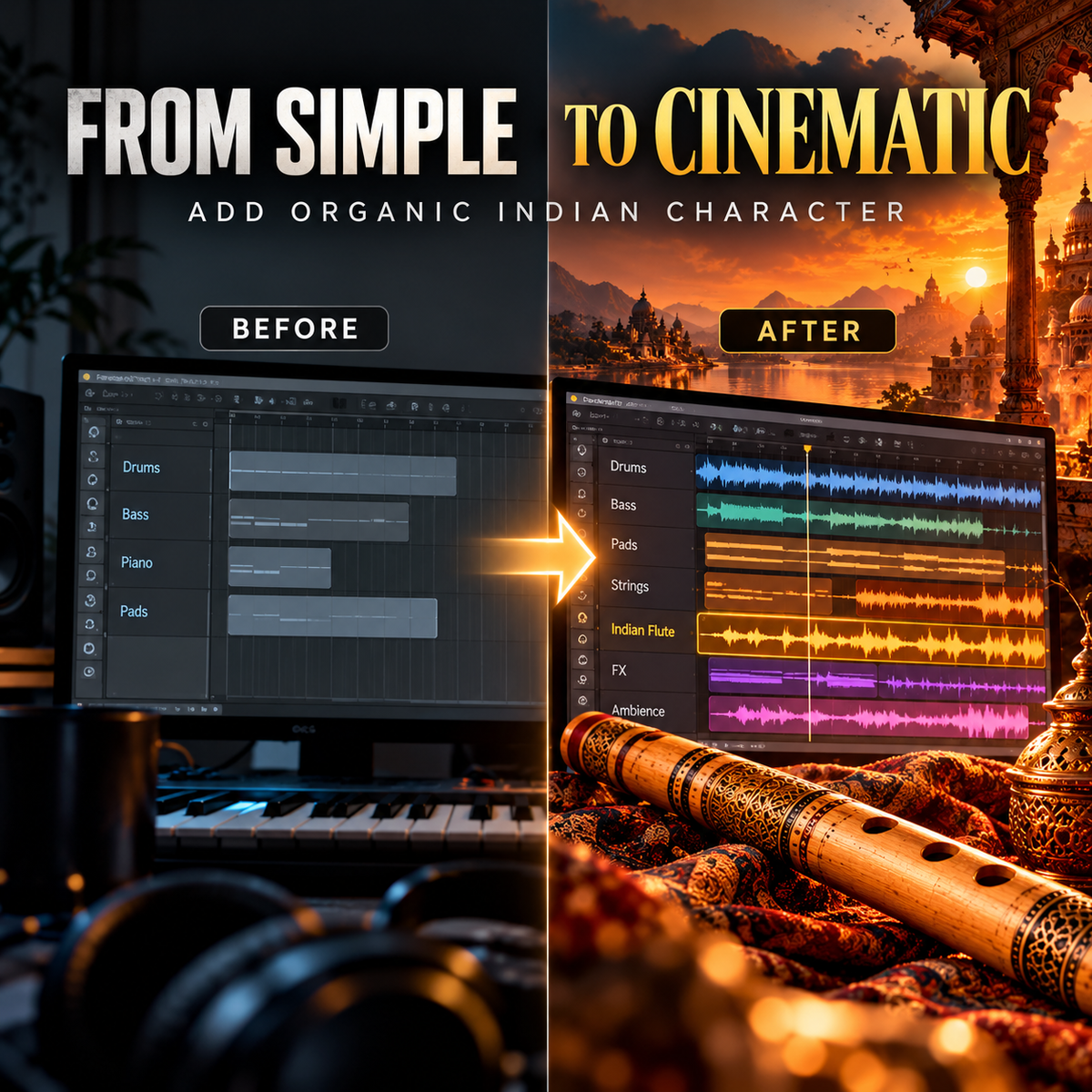 A promotional before-and-after graphic showing a digital audio workstation interface. The left side, labeled 'BEFORE,' shows a dark computer setup with a software timeline and basic muted waveform strips.