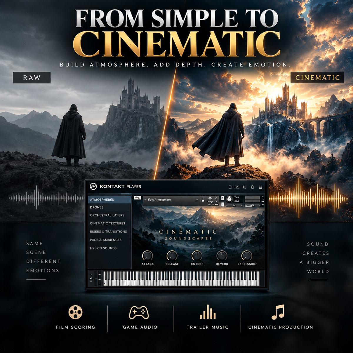 Promotional graphic for Kontakt Player's Cinematic Soundscapes plugin, featuring a dark fantasy scene with two cloaked figures facing a glowing mountain pass and castle, alongside a software interface preview and text reading 'FROM SIMPLE TO CINEMATIC' and feature callouts.