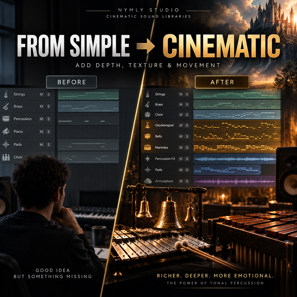 Promotional graphic for a sound library product titled 'FROM SIMPLE -> CINEMATIC' by Nyml Studio. The image shows a split design: the left half is a dark studio scene with a person at a keyboard labeled 'BEFORE,' and the right half is a dramatic orchestral scene labeled 'AFTER' with richly layered percussion, strings, brass, and wind instruments.