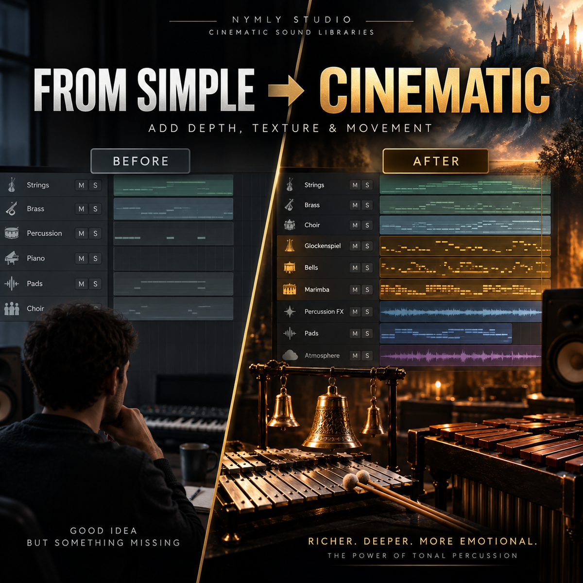 Promotional graphic for a sound library product titled 'FROM SIMPLE -> CINEMATIC' by Nyml Studio. The image shows a split design: the left half is a dark studio scene with a person at a keyboard labeled 'BEFORE,' and the right half is a dramatic orchestral scene labeled 'AFTER' with richly layered percussion, strings, brass, and wind instruments.