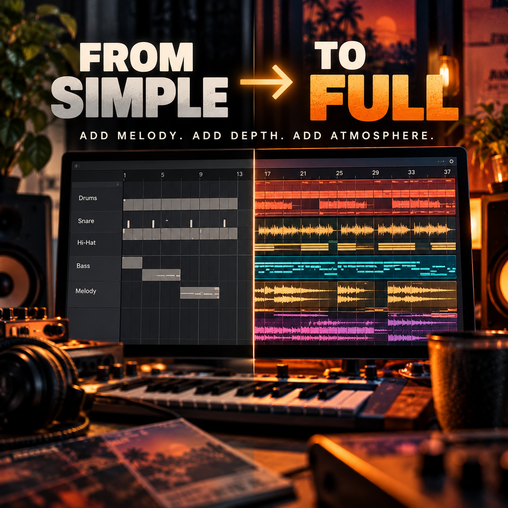 Promotional graphic for a music production software upgrade, showing a laptop screen with a simple arrangement on the left and a fully layered multicolor track on the right, under the text 'FROM SIMPLE TO FULL'. The scene is set in a cozy, warmly lit home studio with a keyboard, camera, and speakers.