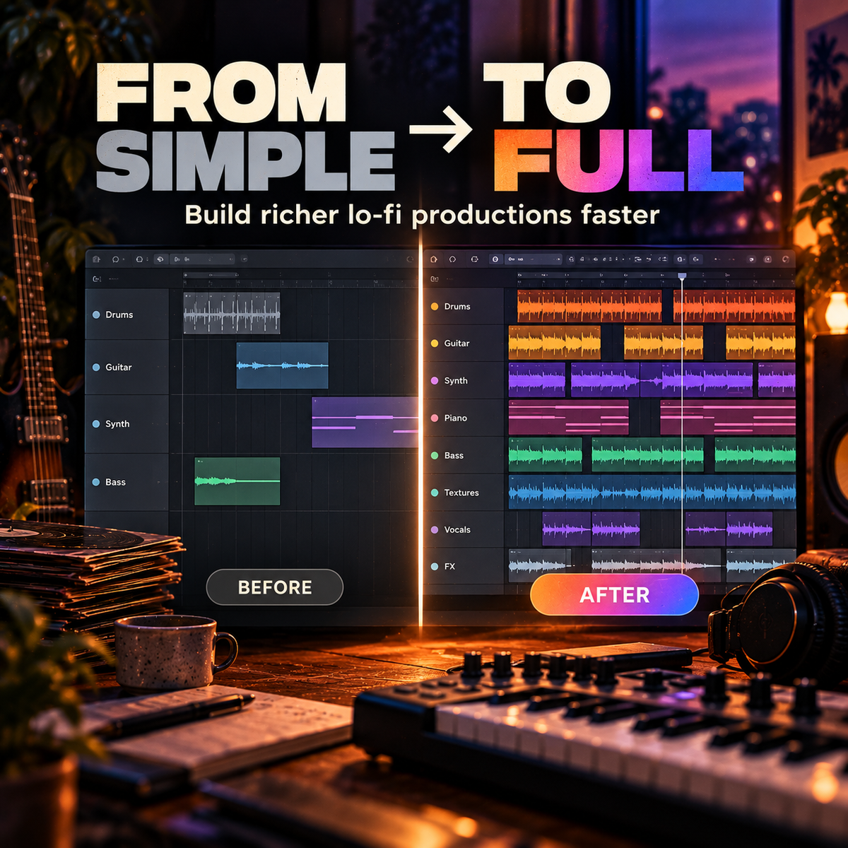 Promotional graphic for a digital software or course showing a before-and-after comparison of audio workstation interfaces. The left side is labeled 'FROM SIMPLE' with a basic interface, and the right side is labeled 'TO FULL' with a colorful, complex multi-track arrangement.