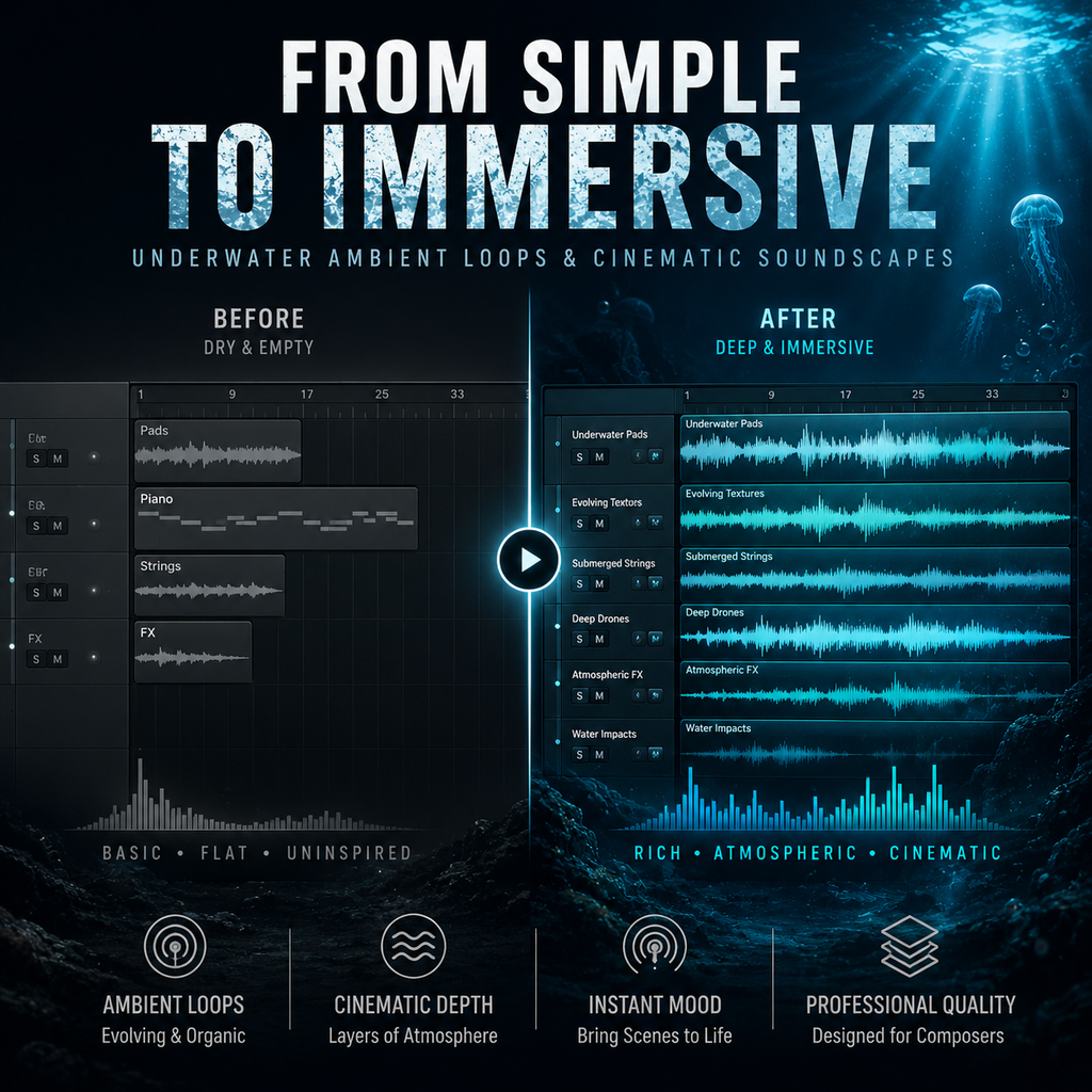 Promotional graphic for a sound design product titled 'FROM SIMPLE TO IMMERSIVE' with the subtitle 'UNDERWATER AMBIENT LOOPS & CINEMATIC SOUNDSCAPES.' The layout shows waveform editing panels labeled 'BEFORE' and 'AFTER' set against a dark underwater scene with blue bioluminescent effects.