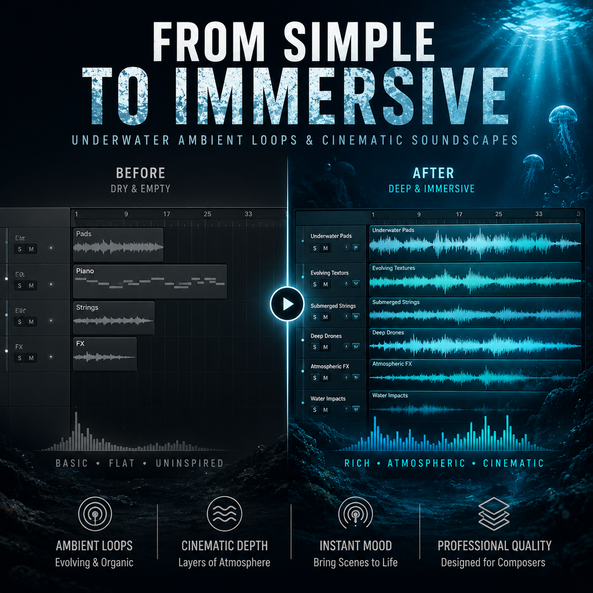 Promotional graphic for a sound design product titled 'FROM SIMPLE TO IMMERSIVE' with the subtitle 'UNDERWATER AMBIENT LOOPS & CINEMATIC SOUNDSCAPES.' The layout shows waveform editing panels labeled 'BEFORE' and 'AFTER' set against a dark underwater scene with blue bioluminescent effects.