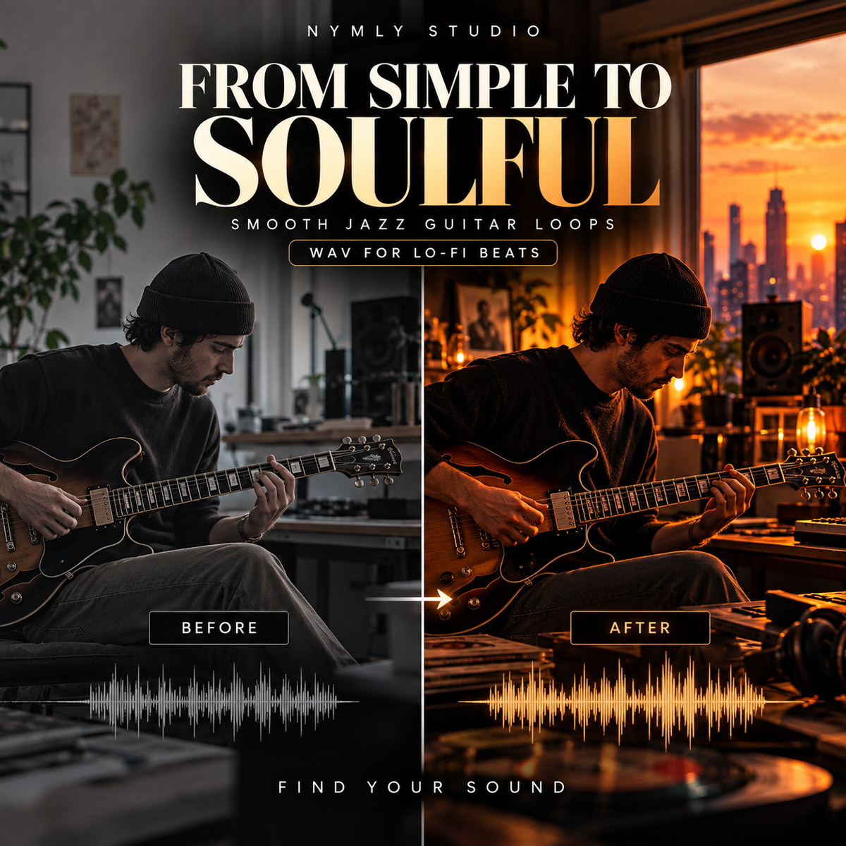 Promotional graphic for a jazz guitar loop sample pack by Nymly Studio, titled 'From Simple to Soulful'. The image features a split-screen 'Before' and 'After' comparison of a man playing an electric guitar in a dimly lit room versus a warm, high-quality version with a city sunset background.