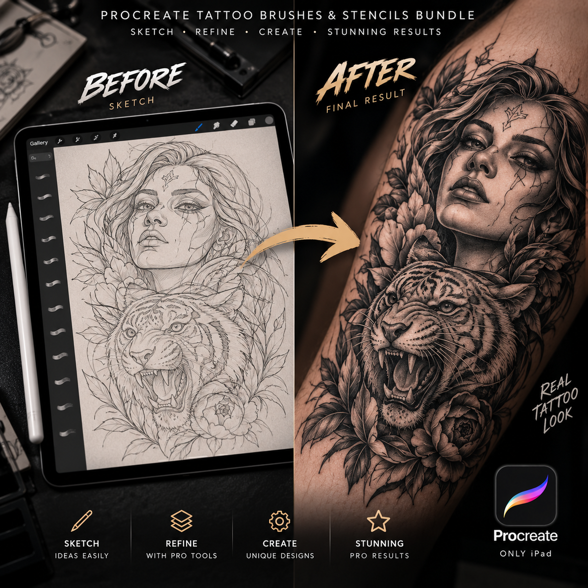 Promotional graphic for a Procreate tattoo brushes and stencils bundle, showing a tablet with a sketch of a woman and tiger on the left and a finished black-and-gray tattoo design on a forearm on the right. Text highlights before/after comparison and Procreate compatibility.
