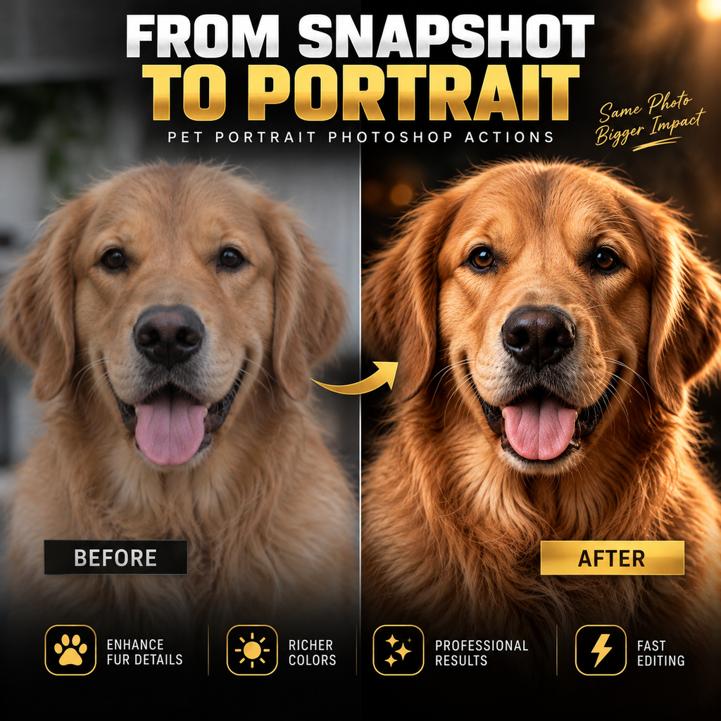 Before-and-after comparison graphic showing a golden retriever portrait edited from a snapshot to a polished portrait. Large text reads 'FROM SNAPSHOT TO PORTRAIT' and 'PET PORTRAIT PHOTOSHOP ACTIONS,' with 'BEFORE' on the left and 'AFTER' on the right, plus feature icons at the bottom.