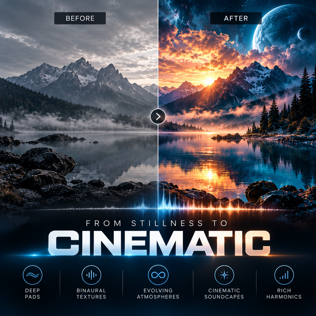Omnisphere ambient presets evoke a cinematic transformation with deep pads, binaural textures, and immersive atmospheric soundscapes.