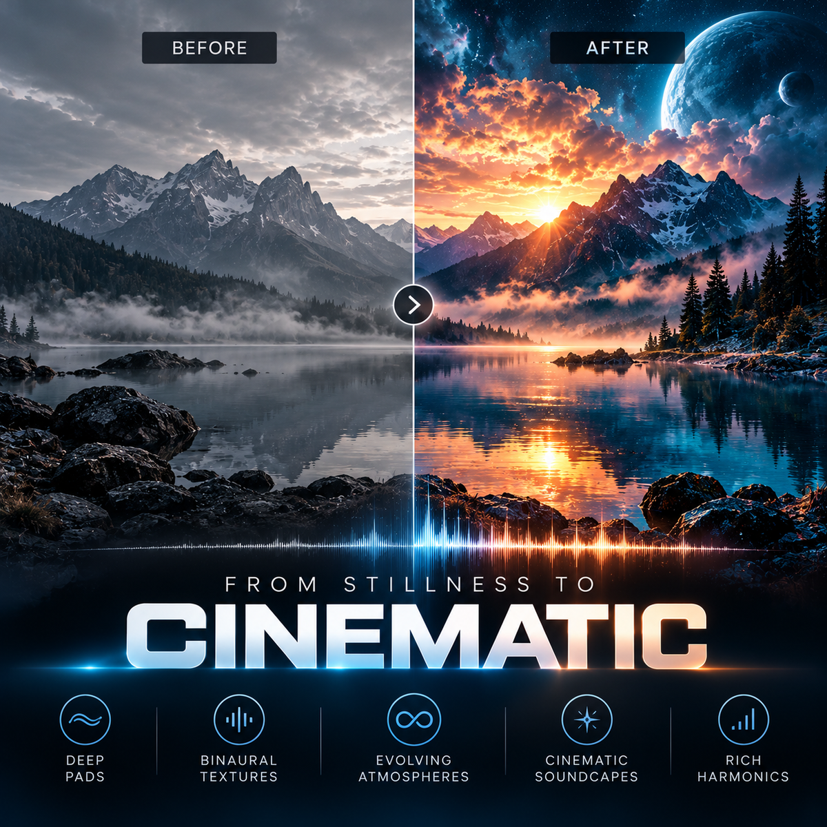 Omnisphere ambient presets evoke a cinematic transformation with deep pads, binaural textures, and immersive atmospheric soundscapes.