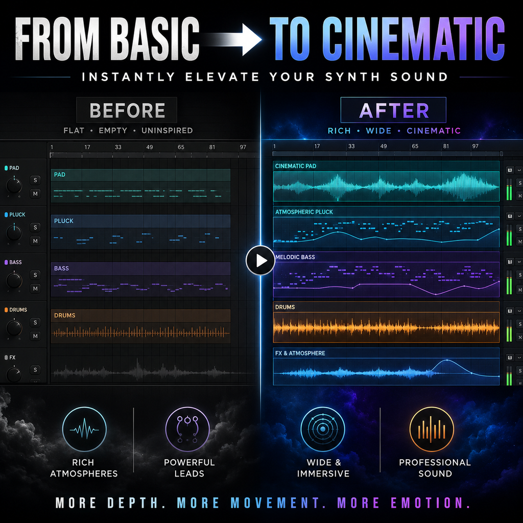 Before-and-after comparison showing how cinematic synth presets transform a basic EDM arrangement into a rich, immersive sound.