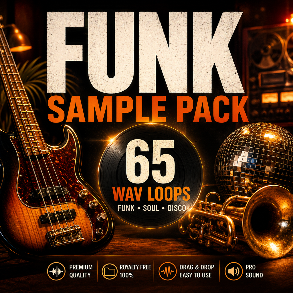 Promotional cover art for a 'FUNK SAMPLE PACK' containing 65 wav loops. The design features a bass guitar, a trumpet, and a disco ball against a dark, warm-toned background with bold text overlays.