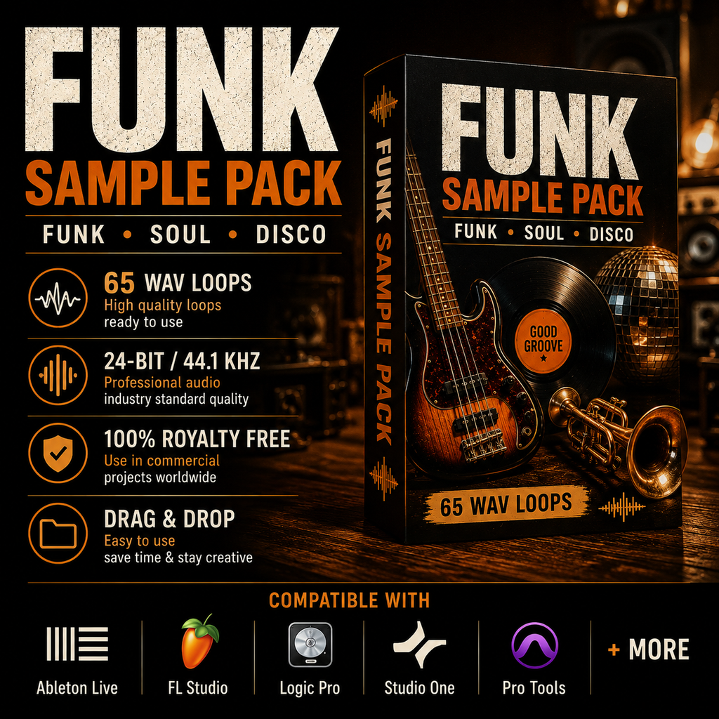 Promotional graphic for a 'Funk Sample Pack' featuring a 3D software box mockup on the right and marketing text on the left. The box is black with orange and white text, decorated with a bass guitar and saxophone illustration.