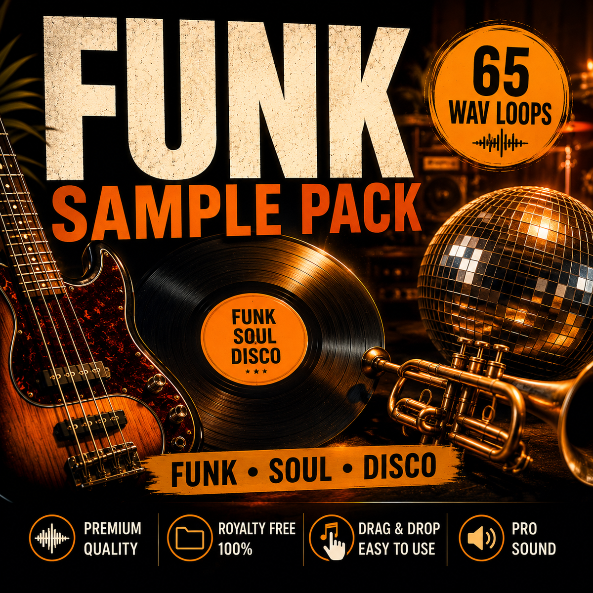 Promotional graphic for a 'Funk Sample Pack' featuring a black vinyl record, electric guitar, trumpet, and disco ball on a dark background, with text reading '65 WAV LOOPS' and 'FUNK • SOUL • DISCO'.