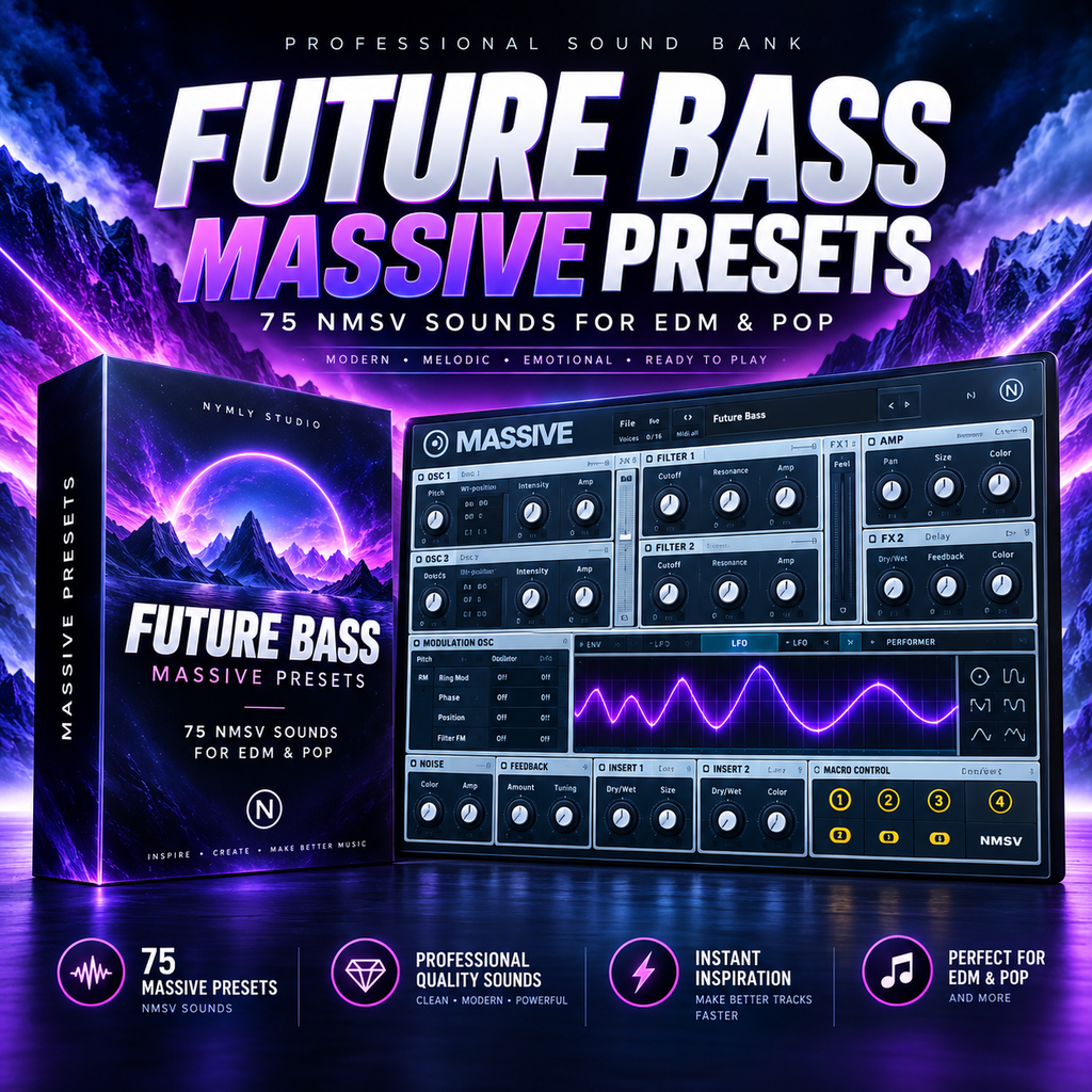 Promotional graphic for a sound library product titled 'FUTURE BASS MASSIVE PRESETS' with large purple and white text over a dark sci-fi mountain landscape. A software interface window and a branded box are shown, along with feature icons and text claiming 75 NMSV sounds for EDM and pop.