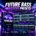Promotional graphic for a sound library product titled 'FUTURE BASS MASSIVE PRESETS' with large purple and white text over a dark sci-fi mountain landscape. A software interface window and a branded box are shown, along with feature icons and text claiming 75 NMSV sounds for EDM and pop.