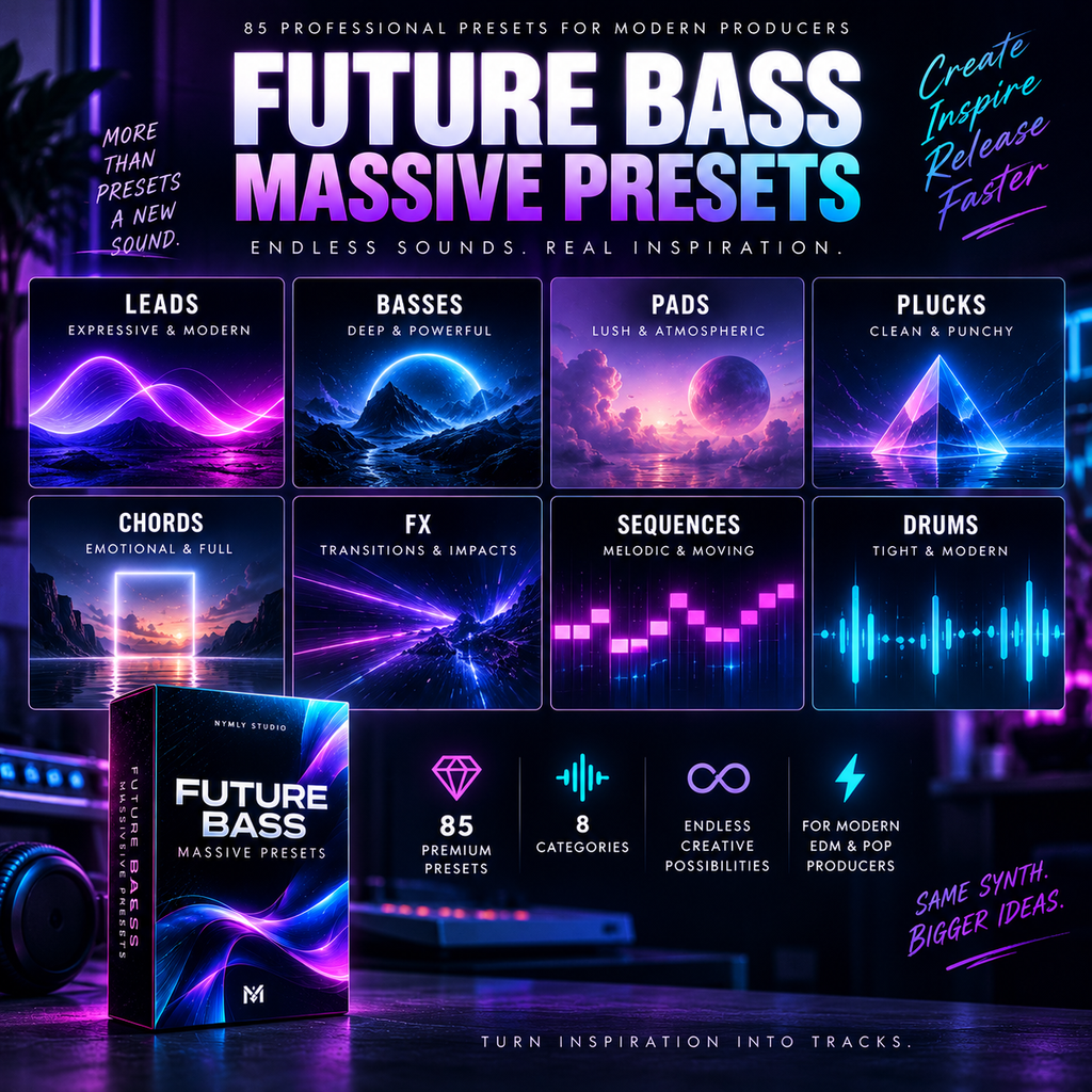 Promotional graphic for 'Future Bass Massive Presets' showing a software box cover, multiple colorful preset panels for leads, basses, pads, plucks, chords, FX, sequences, and drums, plus marketing text on a dark neon-lit background.