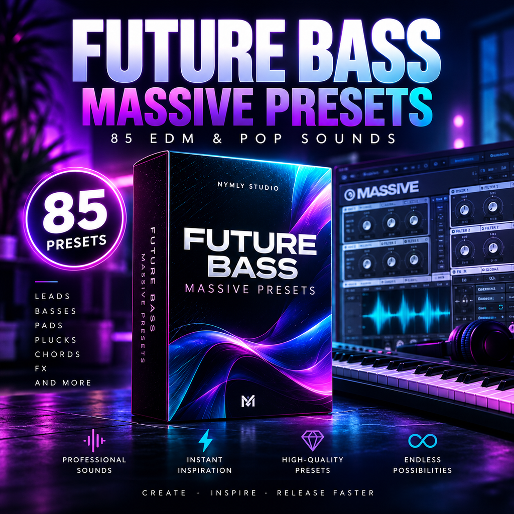 Promotional graphic for 'Future Bass Massive Presets' by Nymly Studio, showing a software preset box in the center with glowing neon blue and purple artwork, large title text at the top, a circular '85 Presets' badge, feature callouts on the left, and a keyboard/DSP interface in the background.