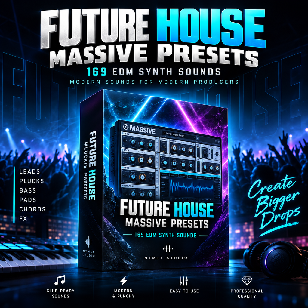 Promotional graphic for 'Future House Massive Presets' by Nymly Studio, showing a 3D software box mockup with a synthesizer interface on the front, set against a dark club scene with neon blue and purple lighting, a keyboard, and headphones.