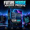 Promotional graphic for 'Future House Massive Presets' by Nymly Studio, showing a 3D software box mockup with a synthesizer interface on the front, set against a dark club scene with neon blue and purple lighting, a keyboard, and headphones.