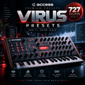 Promotional graphic for Access Virus Presets, showing a modular synthesizer with illuminated red knobs and keys, large metallic 'VIRUS PRESETS' text, a red '727 Sounds Bundle' badge, and feature icons along the bottom.