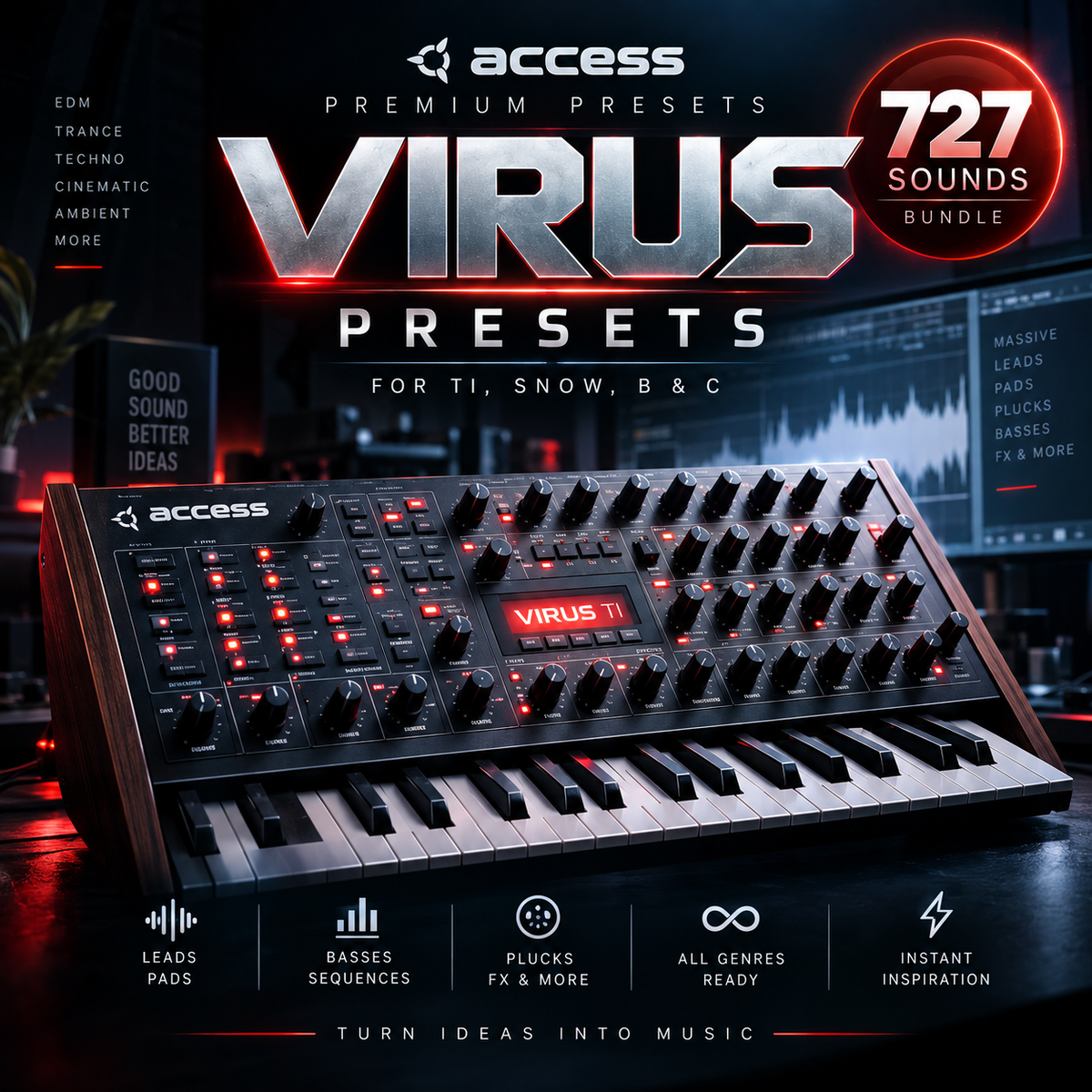 Promotional graphic for Access Virus Presets, showing a modular synthesizer with illuminated red knobs and keys, large metallic 'VIRUS PRESETS' text, a red '727 Sounds Bundle' badge, and feature icons along the bottom.