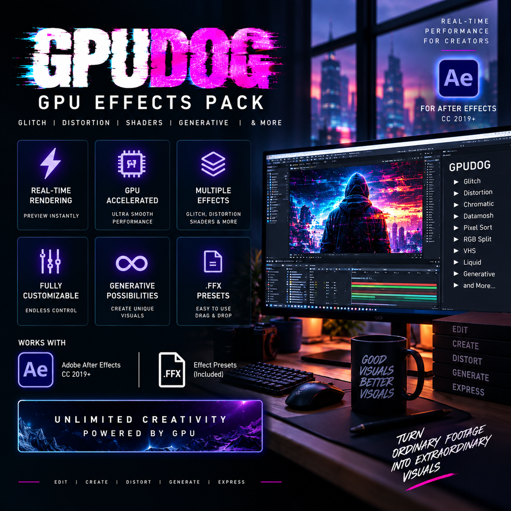 Promotional graphic for a GPU effects pack showing a dark futuristic workspace with a computer monitor displaying colorful After Effects artwork, a black mug with text, software icons, and large text reading 'GPUDOG GPU EFFECTS PACK' plus feature callouts like real-time rendering, GPU accelerated performance, multiple effects, and FXF presets.