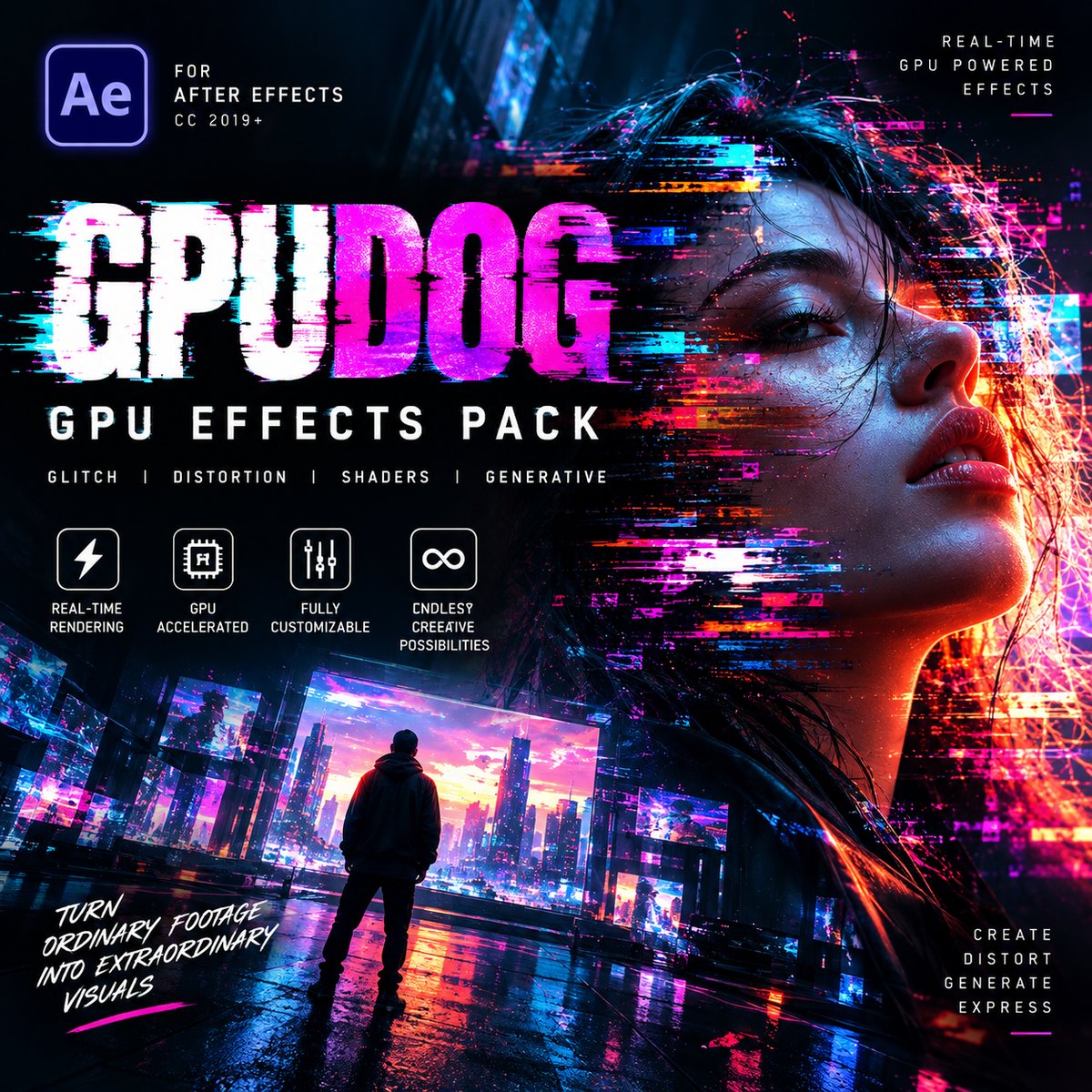 Promotional graphic for a digital After Effects CC 2024+ effect pack titled 'GPUDOG GPU EFFECTS PACK'. The design features a futuristic cyberpunk city scene with a woman's face in the foreground, a silhouette walking in the rain, and glitch effects.