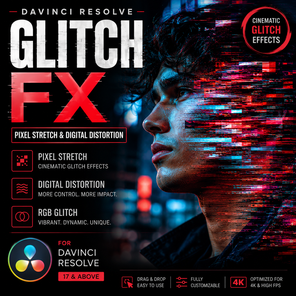 Promotional graphic for Davinci Resolve Glitch FX, showing a close-up of a person's face with red and blue digital glitch effects on the right side. Large text reads 'GLITCH FX' with feature callouts for pixel stretch, digital distortion, and RGB glitch.
