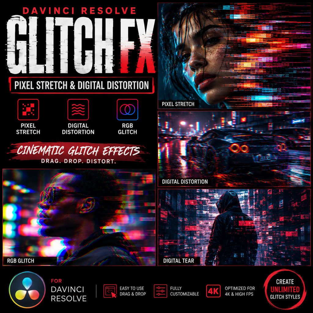 Promotional graphic for Davinci Resolve Glitch FX, showing multiple panels of cinematic glitch effects on a woman's face, a car, and a person in a dark futuristic city. Large text reads 'GLITCH FX' with smaller copy describing pixel stretch, digital distortion, RGB glitch, and cinematic glitch effects.