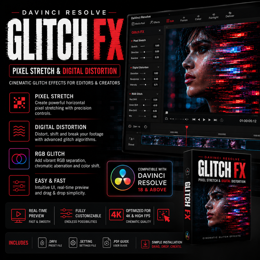 Promotional graphic for Davinci Resolve Glitch FX, showing software interface panels, feature callouts with icons, and a boxed product cover on a dark background.