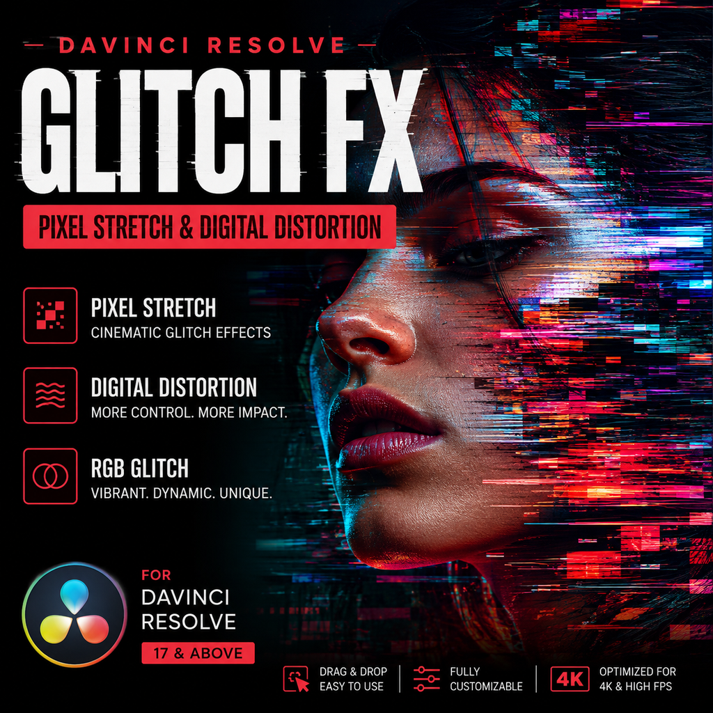 Promotional graphic for Davinci Resolve Glitch FX, showing a stylized digital glitch effect over a woman's face with text describing pixel stretch, digital distortion, and RGB glitch.
