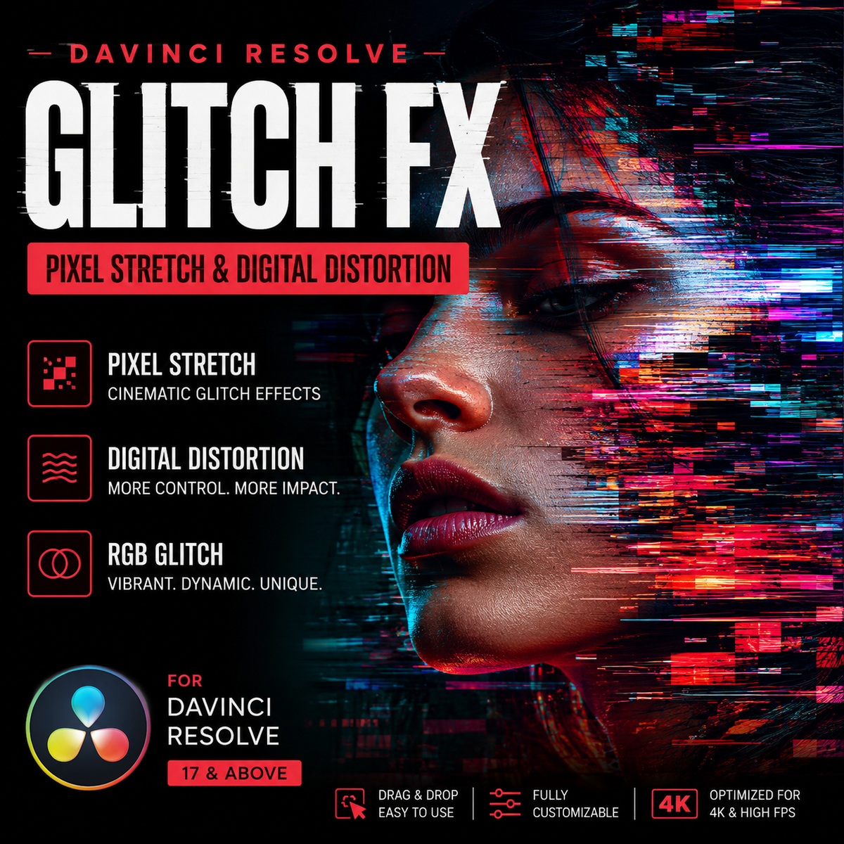 Promotional graphic for Davinci Resolve Glitch FX, showing a stylized digital glitch effect over a woman's face with text describing pixel stretch, digital distortion, and RGB glitch.