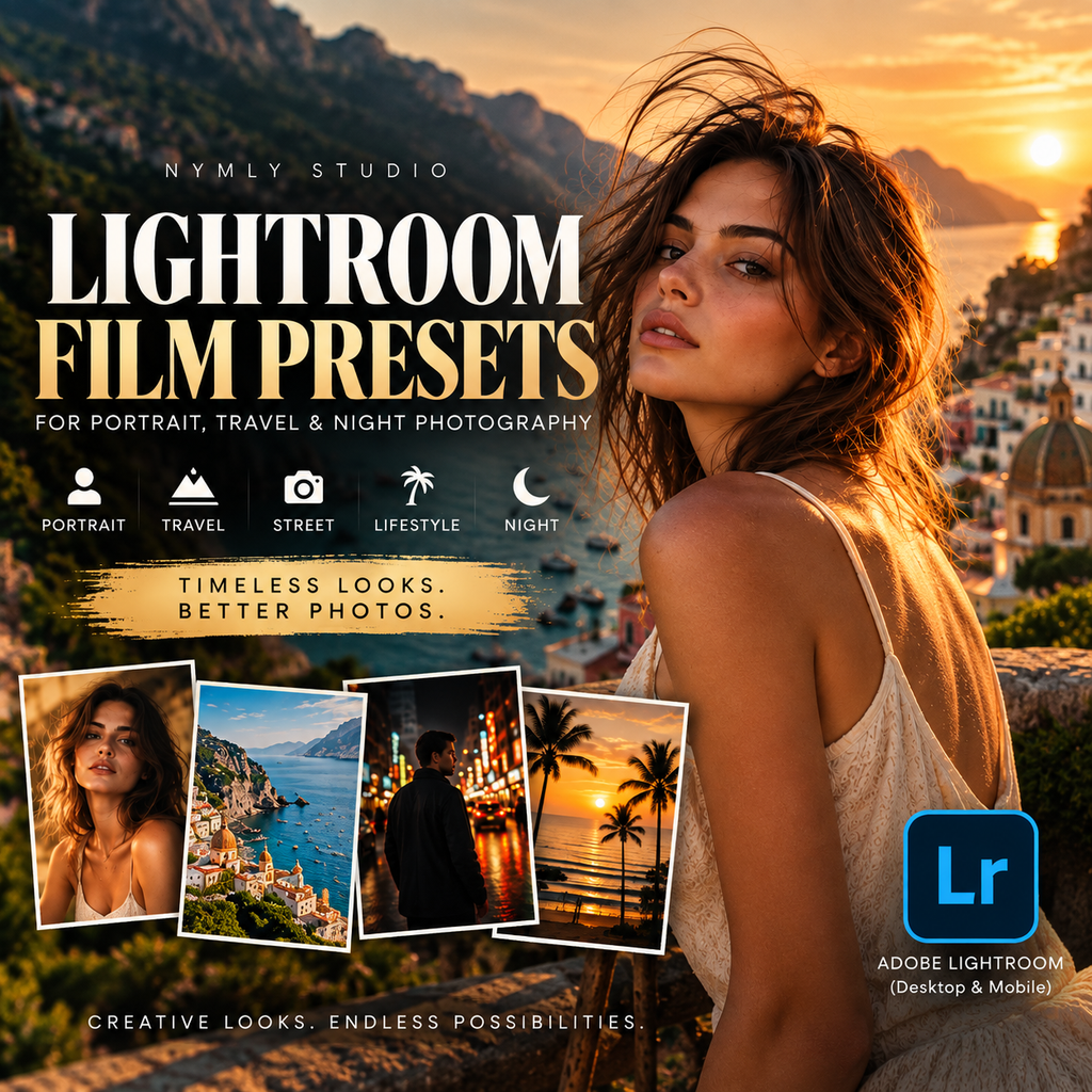 Promotional graphic for Lightroom film presets by Nymly Studio, showing a woman in a beach town at sunset with text reading 'Lightroom Film Presets' and example photo thumbnails. Adobe Lightroom branding is visible.
