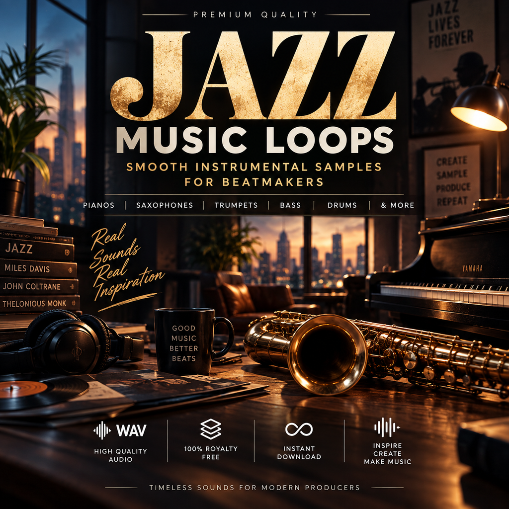 Promotional cover art for a music loop sample pack titled 'JAZZ MUSIC LOOPS'. The design features a dark, atmospheric jazz-themed studio scene with a piano, saxophone, mugs, and city skyline at dusk.