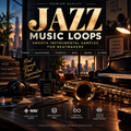 Promotional cover art for a music loop sample pack titled 'JAZZ MUSIC LOOPS'. The design features a dark, atmospheric jazz-themed studio scene with a piano, saxophone, mugs, and city skyline at dusk.