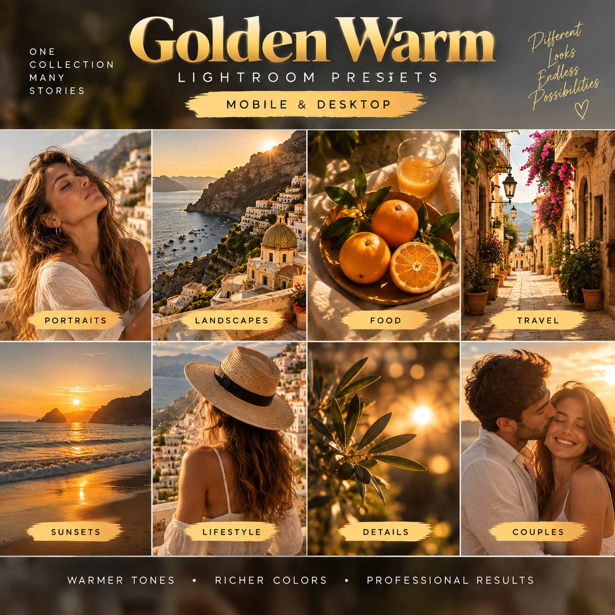 Promotional graphic for Golden Warm Lightroom Presets, showing a collage of warm-toned lifestyle and travel photos with text reading 'Golden Warm Lightroom Presets Mobile & Desktop' and category labels like portraits, landscapes, food, travel, sunsets, lifestyle, and couples.