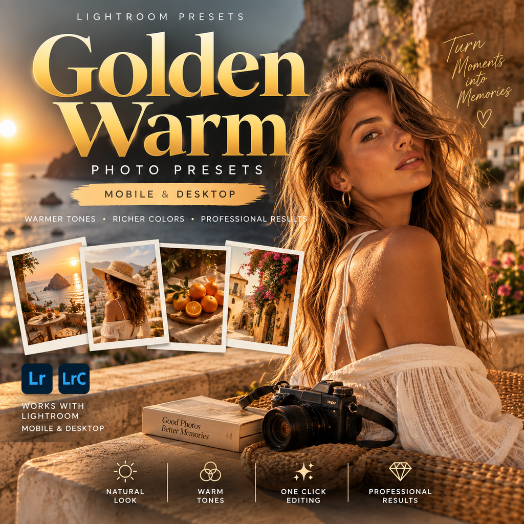 Promotional graphic for Lightroom photo presets titled 'Golden Warm Photo Presets,' showing a woman in a sunlit coastal setting with warm edited tones. Large text highlights warmer tones and richer colors, with small sample photo thumbnails and feature icons including 'Works with Lightroom Mobile & Desktop,' 'Natural Loon,' 'Warm Tones,' 'One Click Editing,' and 'Professional Results.