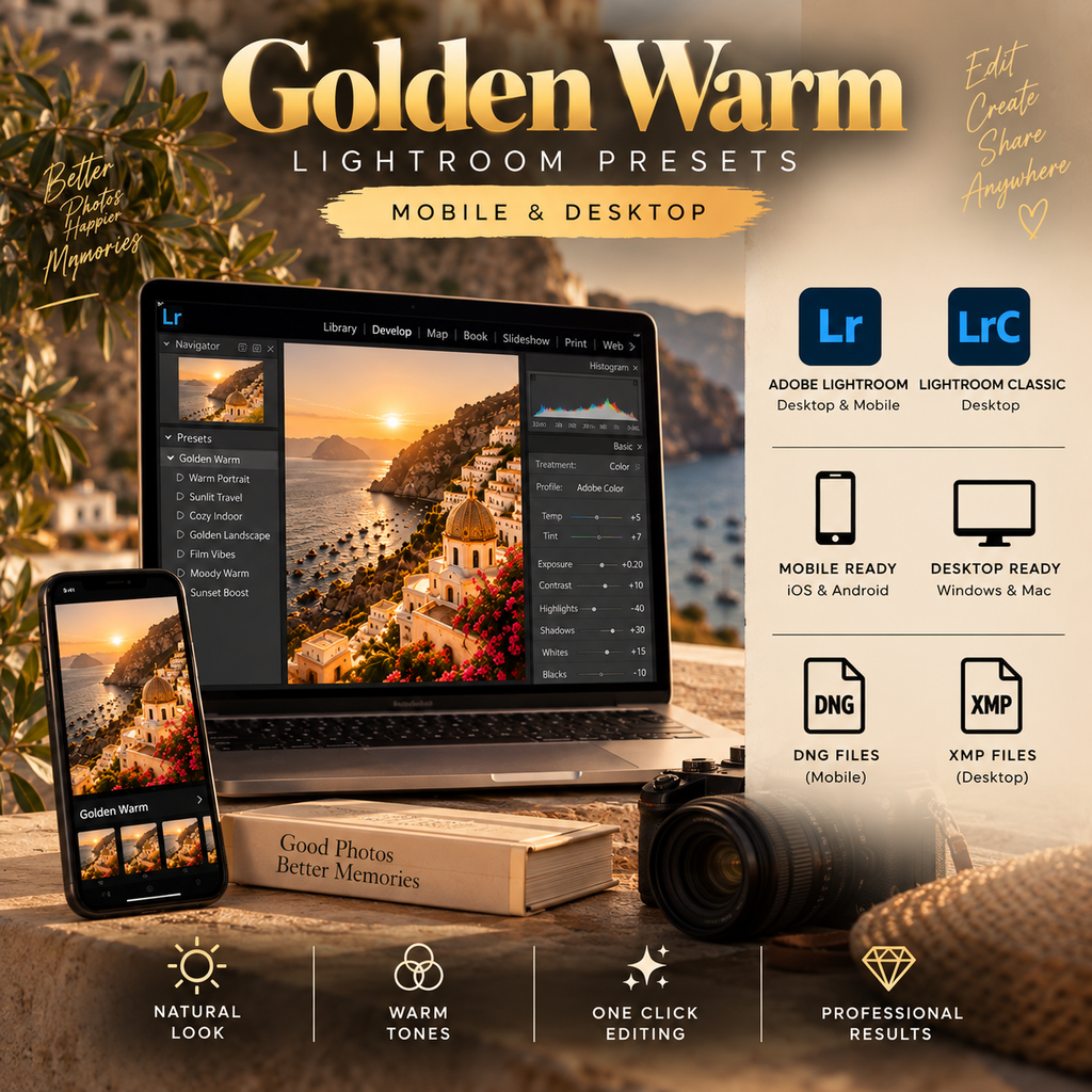 Promotional graphic for Golden Warm Lightroom presets, showing a laptop and phone displaying a warm-toned sunset landscape photo, alongside Adobe Lightroom and Lightroom Classic app logos, file format icons, and feature callouts on a styled desk setup.