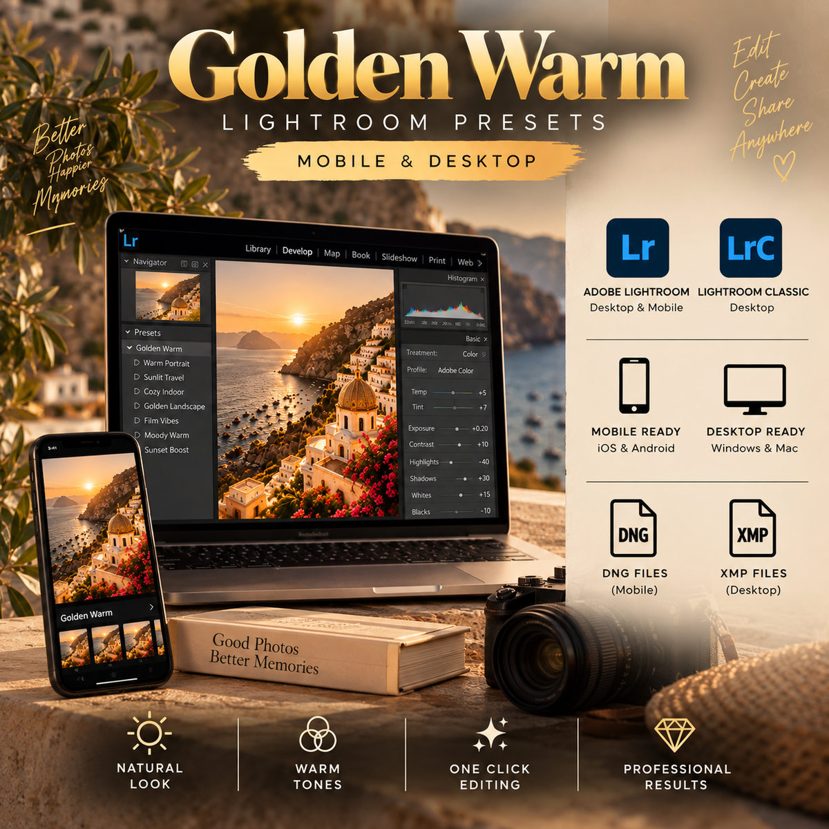 Promotional graphic for Golden Warm Lightroom presets, showing a laptop and phone displaying a warm-toned sunset landscape photo, alongside Adobe Lightroom and Lightroom Classic app logos, file format icons, and feature callouts on a styled desk setup.