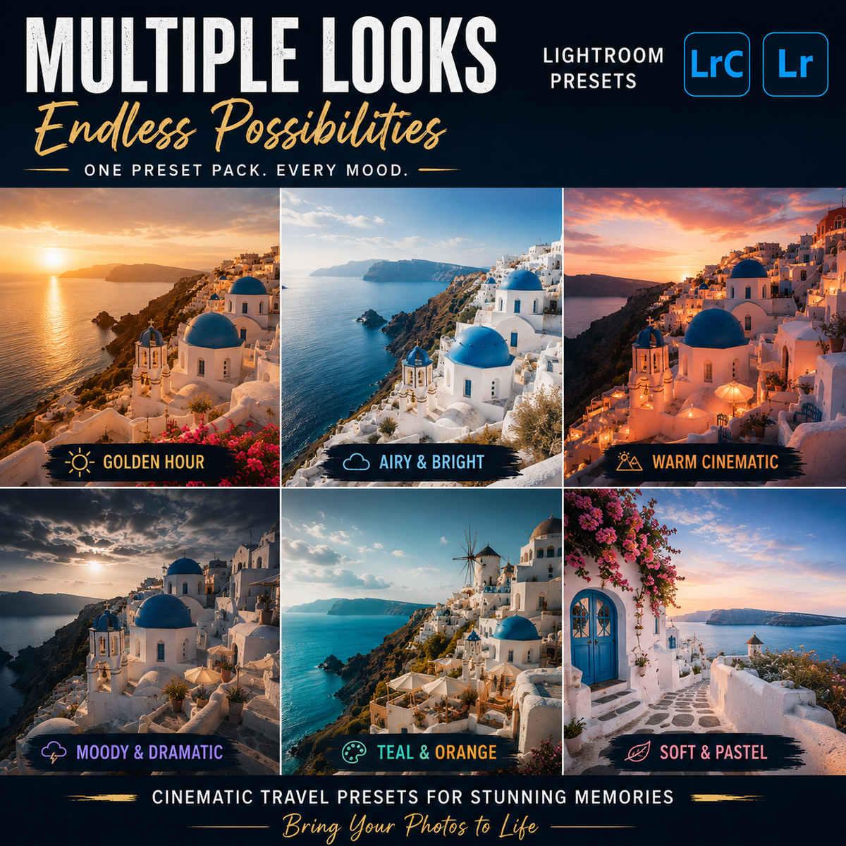 Promotional graphic for Lightroom presets showing six travel scene examples with blue-domed coastal buildings and warm sunset lighting, plus text reading 'Multiple Looks', 'Endless Possibilities', 'One preset pack. Every mood.