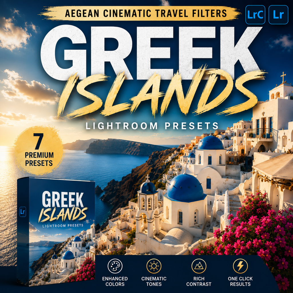 Promotional cover for Aegean Cinematic Travel Filters Lightroom Presets, featuring a scenic Greek Islands photograph with white buildings, blue domes, and pink flowers. Large text reads 'GREEK ISLANDS' with 'LIGHTROOM PRESETS' below, plus a box mockup and feature icons.