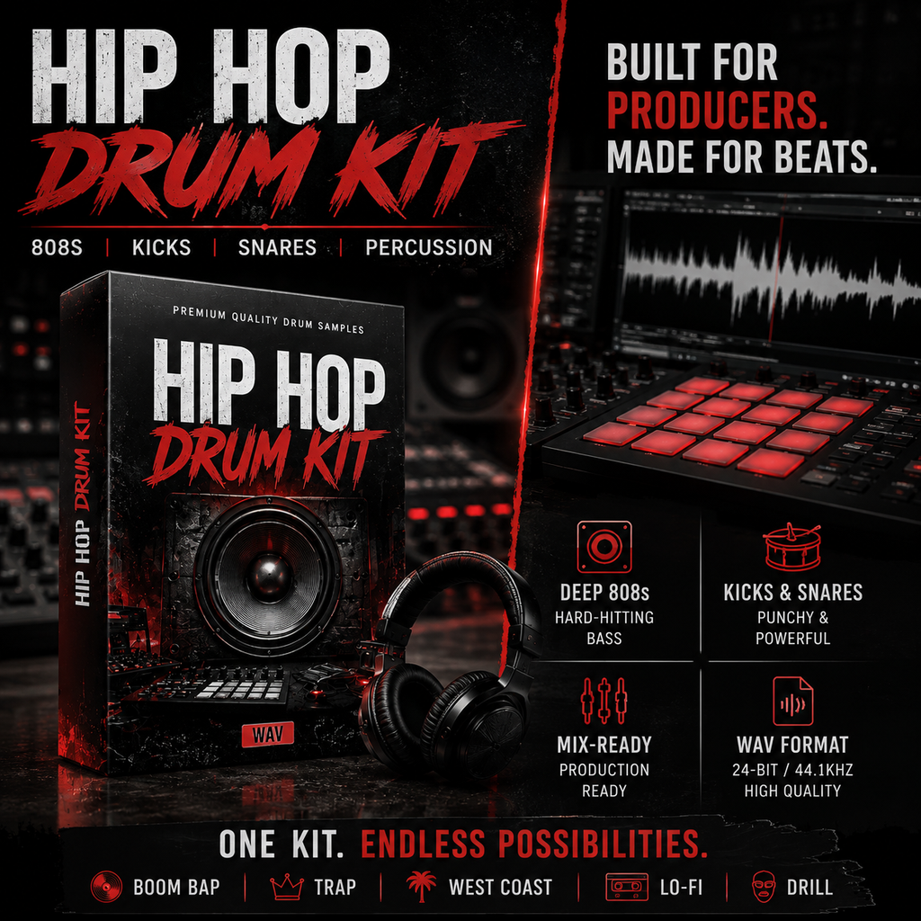 Promotional graphic for a Hip Hop Drum Kit showing the product box, a pair of headphones, a MIDI controller, and text callouts on a dark studio-style background.