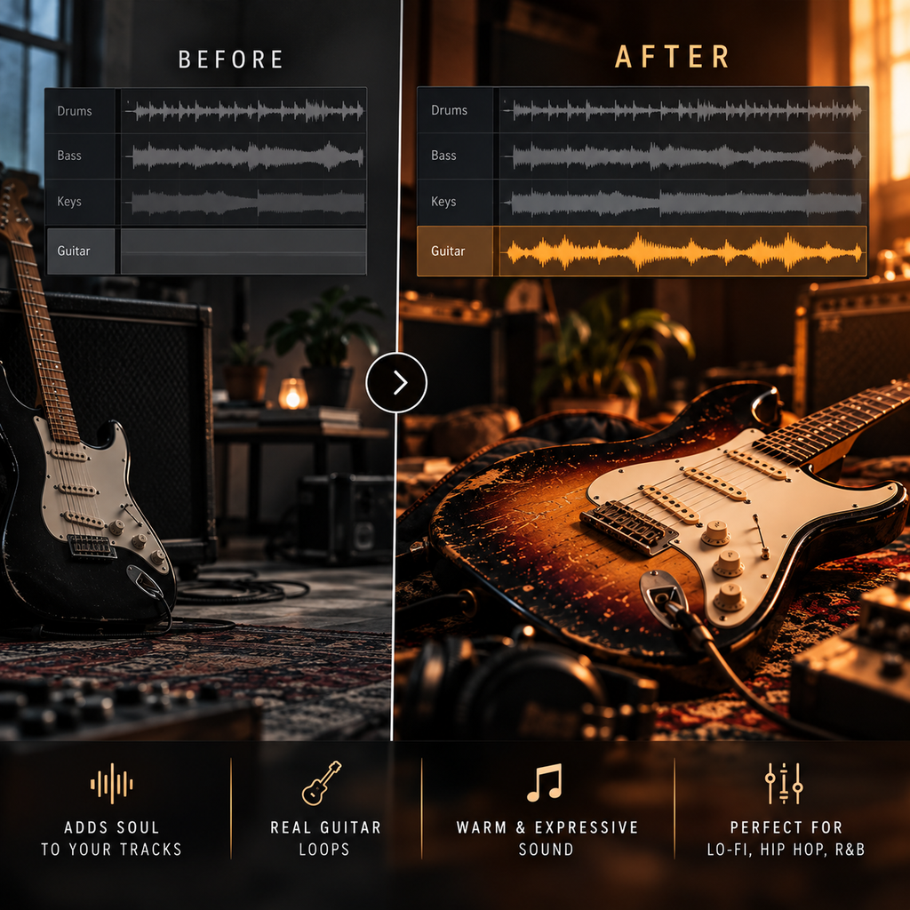 A promotional split-screen comparison showing a guitar in a music studio setting with audio waveform panels labeled BEFORE and AFTER. The left side is dark and moody, with a black electric guitar and amps; the right side is warmly lit, showing a sunburst electric guitar with enhanced soundwave visualization.