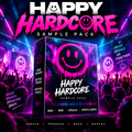 Promotional cover art for a digital sample pack titled 'Happy Hardcore Sample Pack,' shown as a box in the center with neon concert lighting and crowd visuals in the background. The box features a large pink smiley face graphic and text including 'rave sounds,' 'better tracks,' 'happier people,' 'wav,' 'midi,' 'vocals,' and 'synth loops.