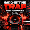 Promotional graphic for a music sample pack titled 'HARD-HITTING TRAP WAV SAMPLES' with 'BASS • SYNTHS • DRUMS' below. The design features a large glowing red and black speaker in the foreground, flanked by speakers, audio waveforms, and a keyboard in a dark, high-contrast digital scene.